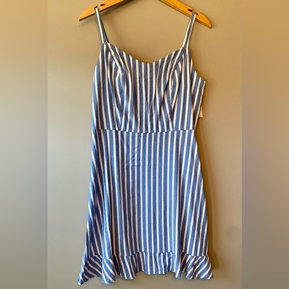 NEW tags attached! Dobby-Stripe Ruffle-Hem Fit and Flare Cami Dress MED sailor - Picture 2 of 6